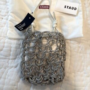 Unique Rhinestone weaved and white satin mini handbag Staud- never used tags on